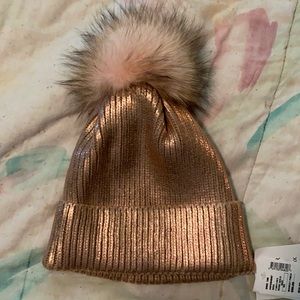 Fur Pom Pom Beanie Rose Gold